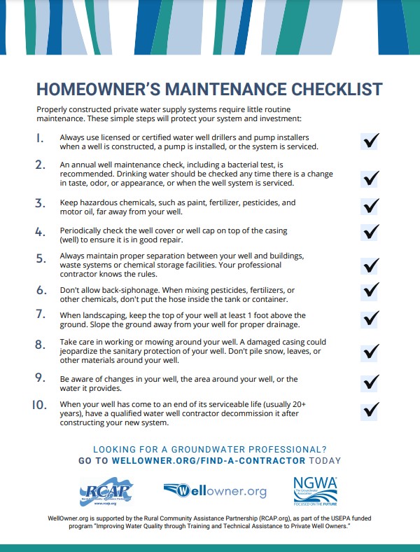 Homeowner’s Water Well Maintenance Checklist MCWEC
